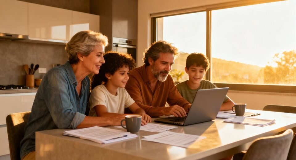 Família portuguesa junta a gerir finanças no computador.