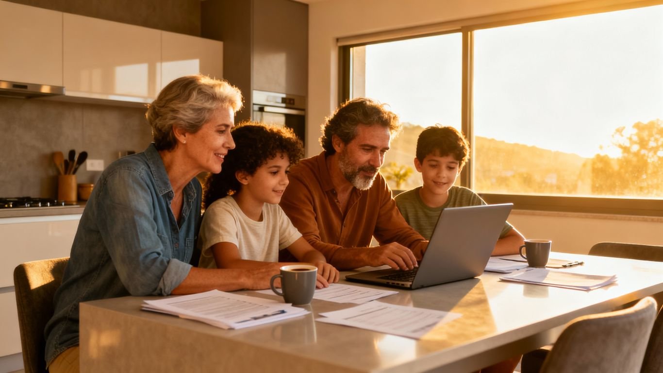 Família portuguesa junta a gerir finanças no computador.