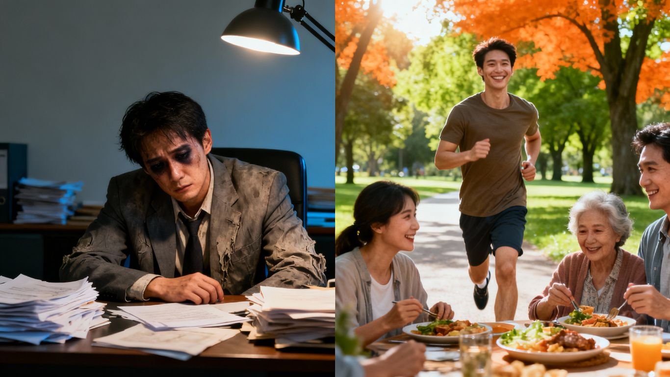 Profissional cansado versus profissional vibrante e equilibrado.