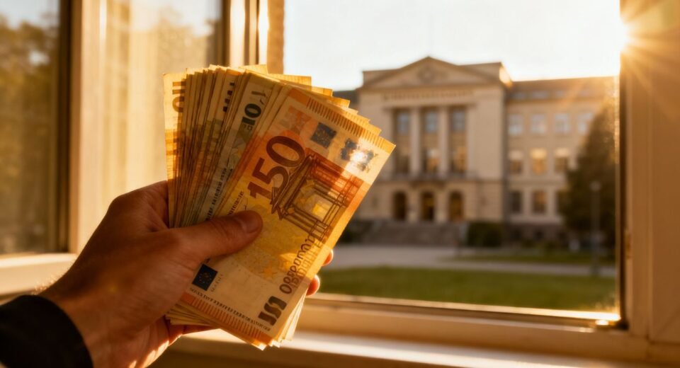 Mãos segurando dinheiro com prédio universitário ao fundo.