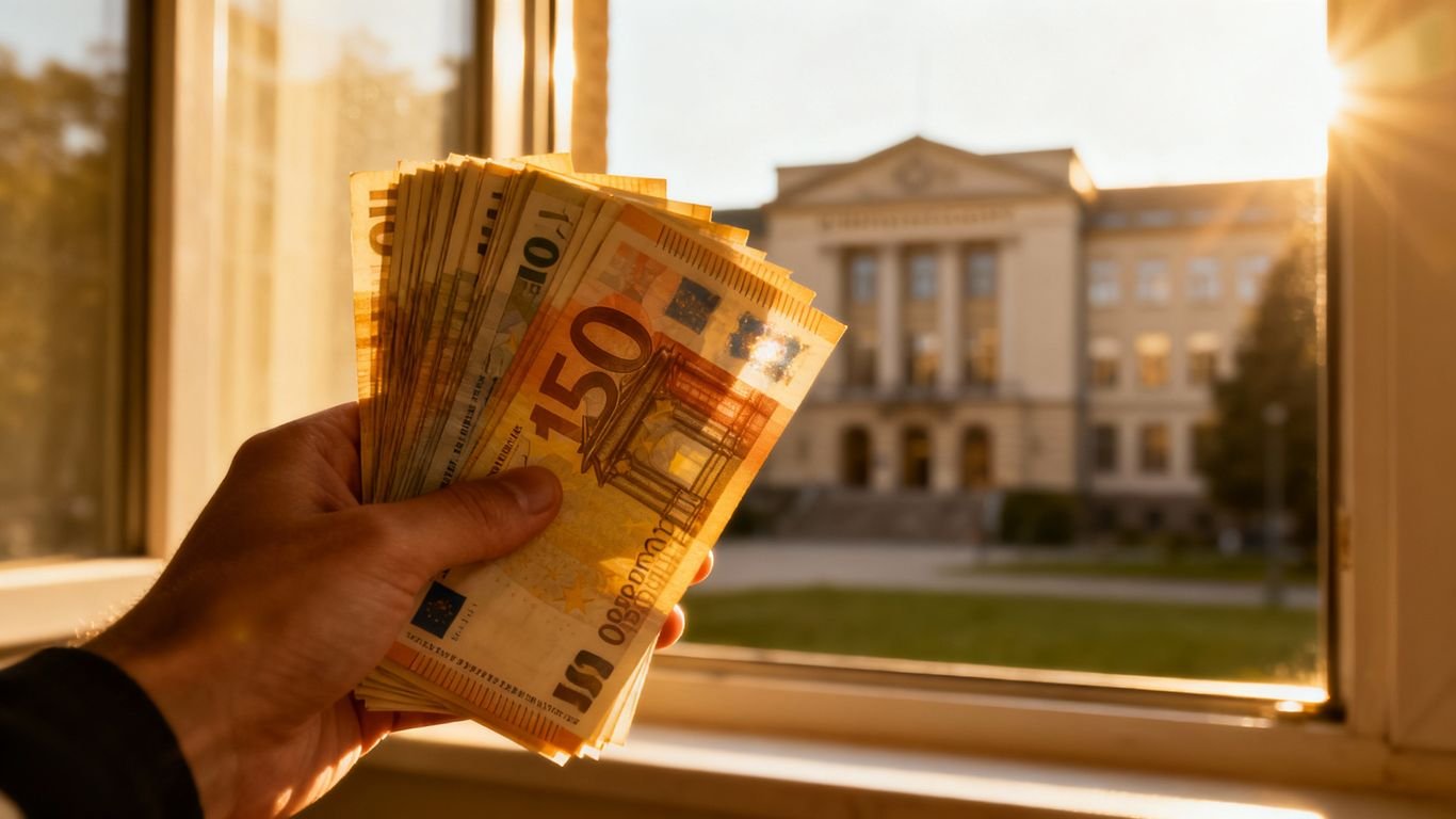 Mãos segurando dinheiro com prédio universitário ao fundo.