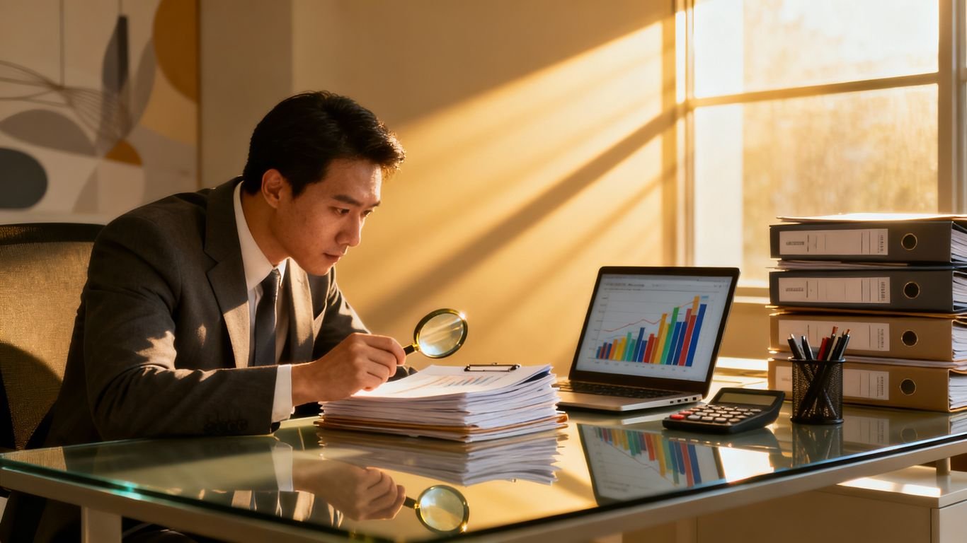 Contabilidade organizada com documentos e laptop.