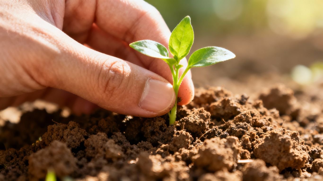 Mão segurando planta crescendo em solo fértil.