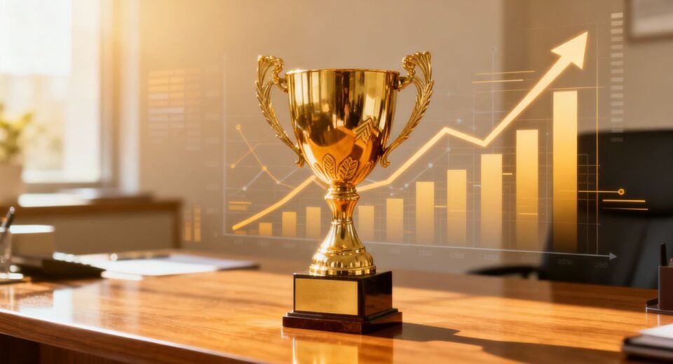 Troféu dourado em destaque, símbolo de sucesso financeiro.