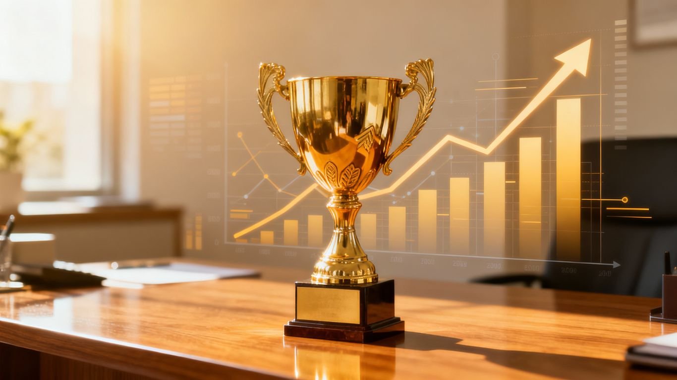 Troféu dourado em destaque, símbolo de sucesso financeiro.