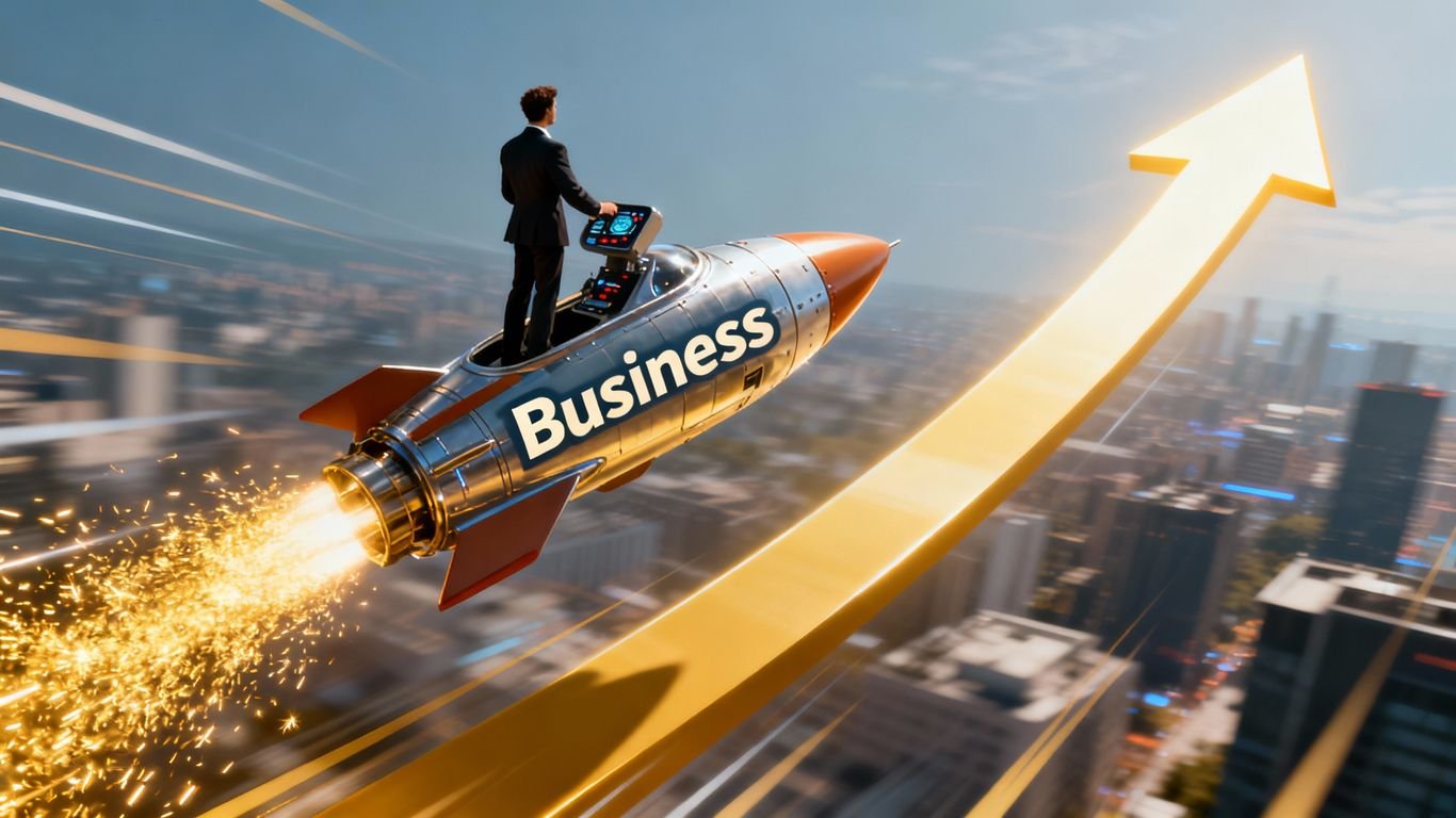 Empresário guiando foguete rumo ao sucesso.