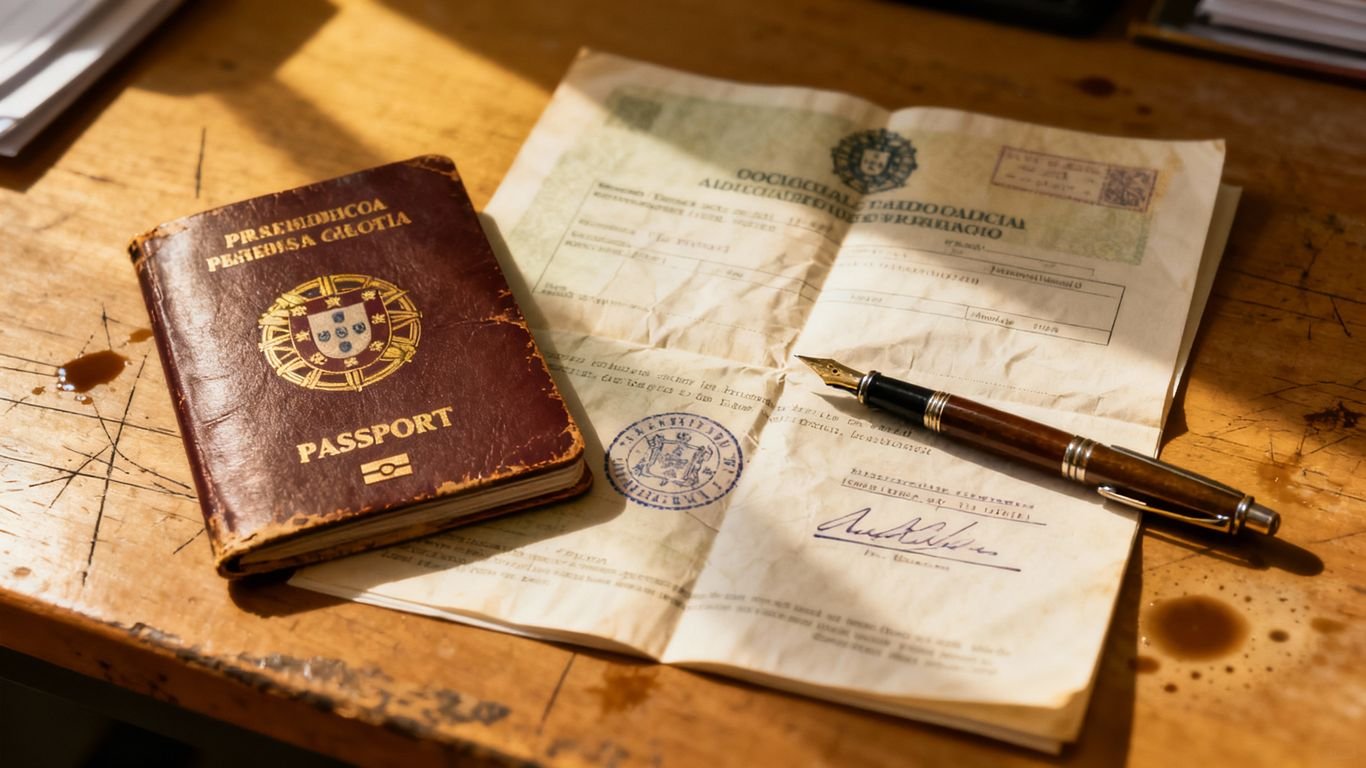 Passaporte português e documento oficial com selos.