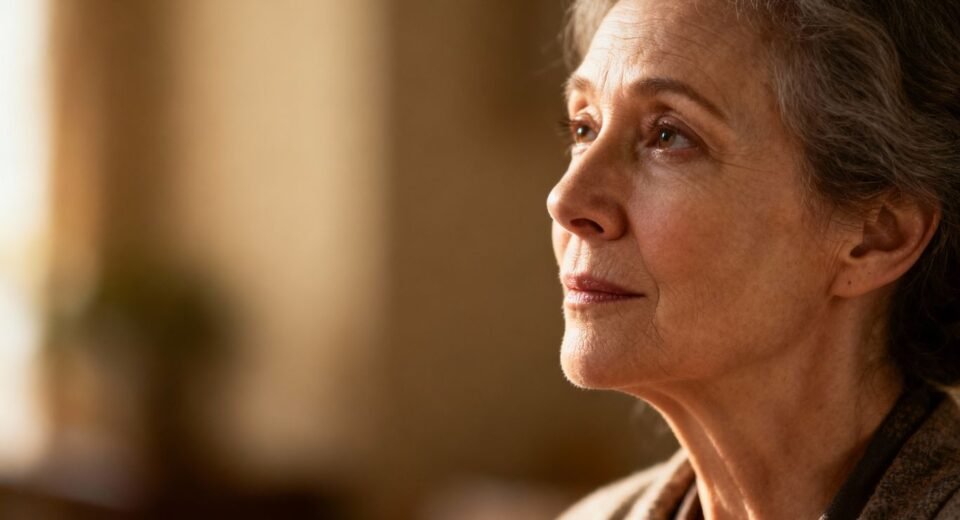 Mulher pensativa olhando para o horizonte.