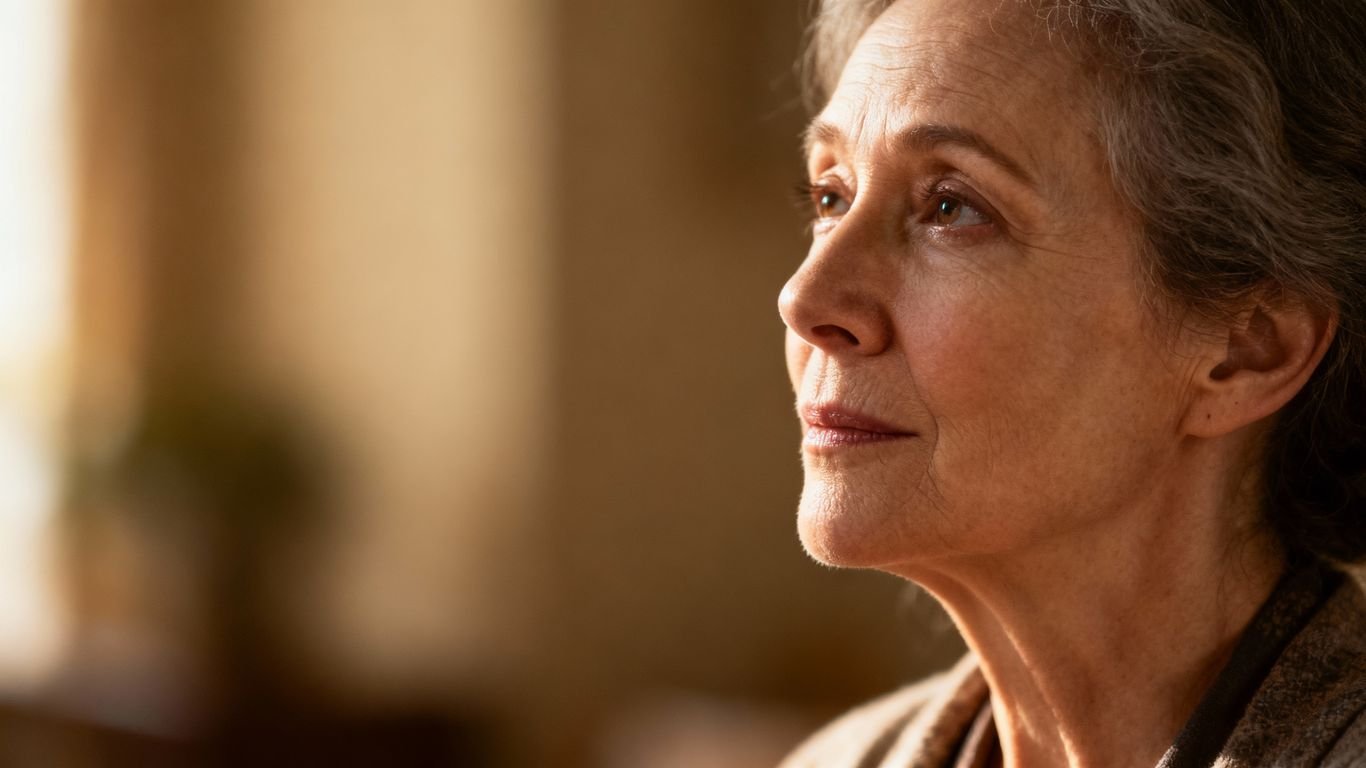 Mulher pensativa olhando para o horizonte.