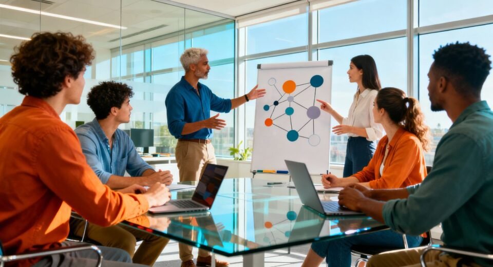 Profissionais colaborando em um escritório moderno e iluminado.