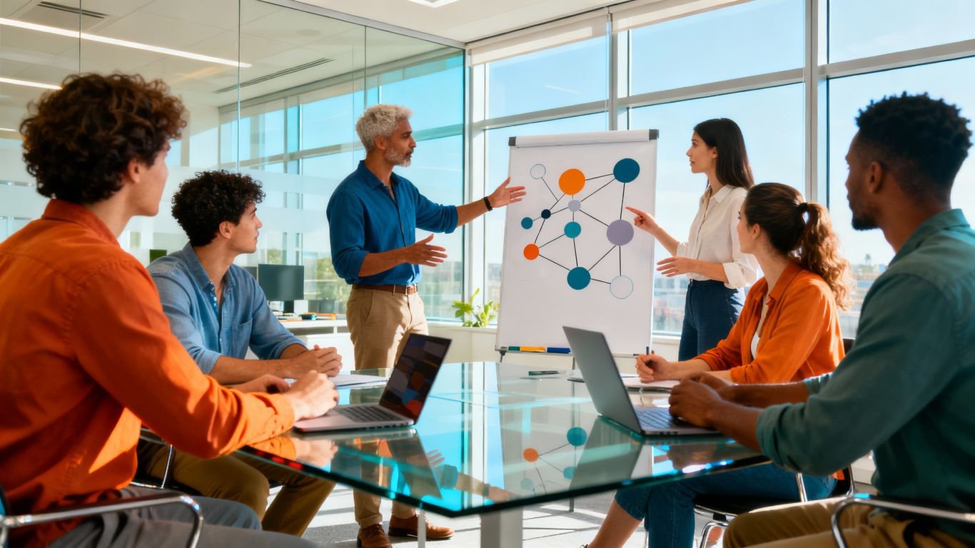 Profissionais colaborando em um escritório moderno e iluminado.