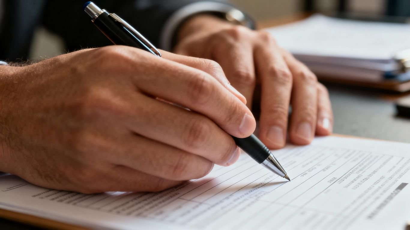 Mãos preenchendo formulário do Modelo 1 IMI.