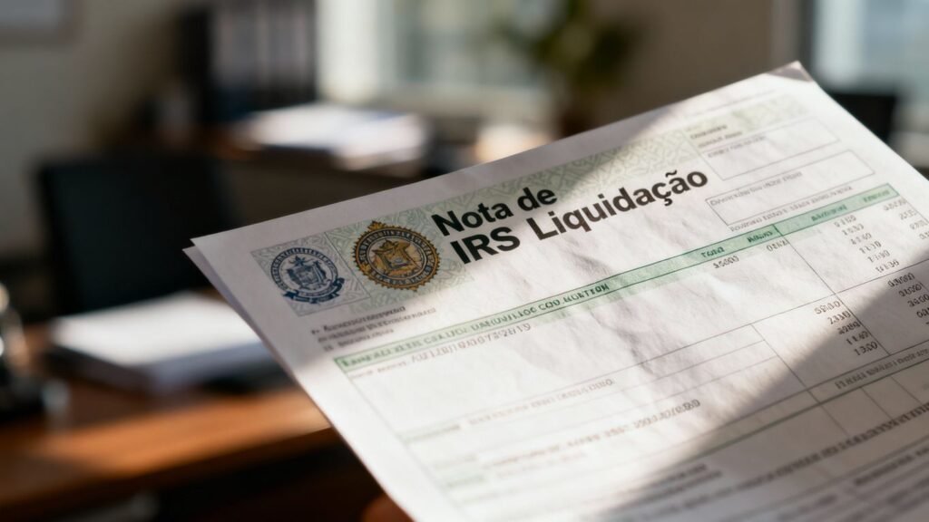 Documento Nota de Liquidação IRS com selos e detalhes financeiros.