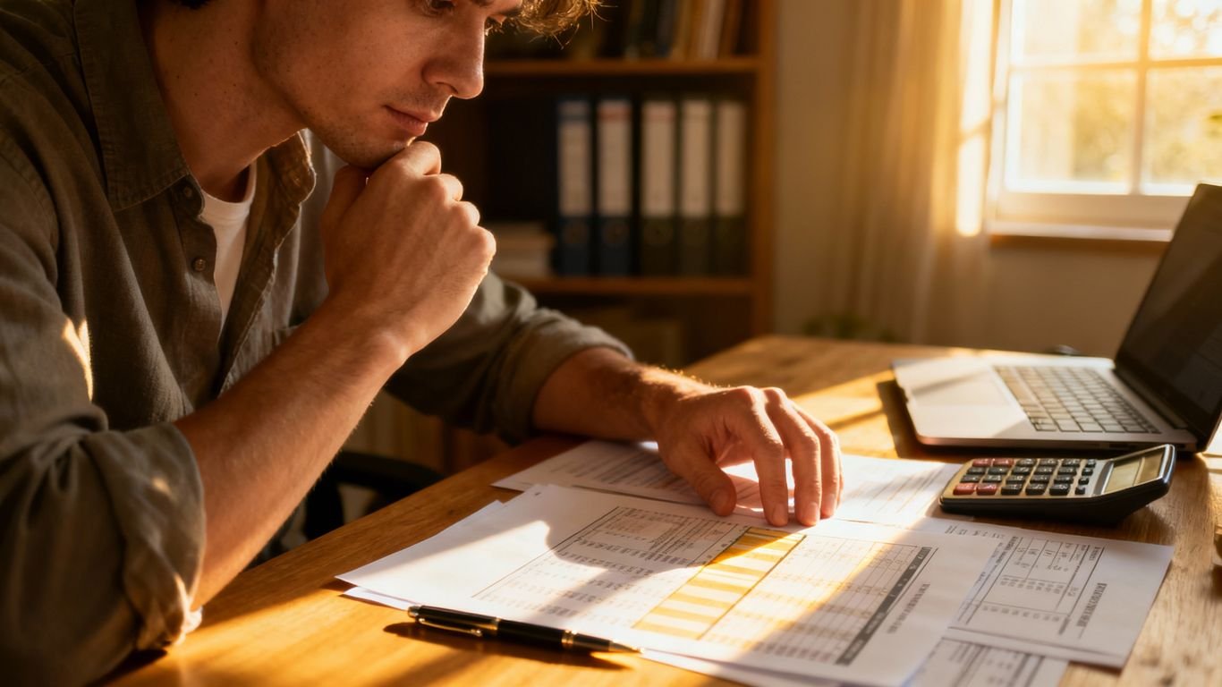 Pessoa analisando documentos financeiros com calculadora e caneta.