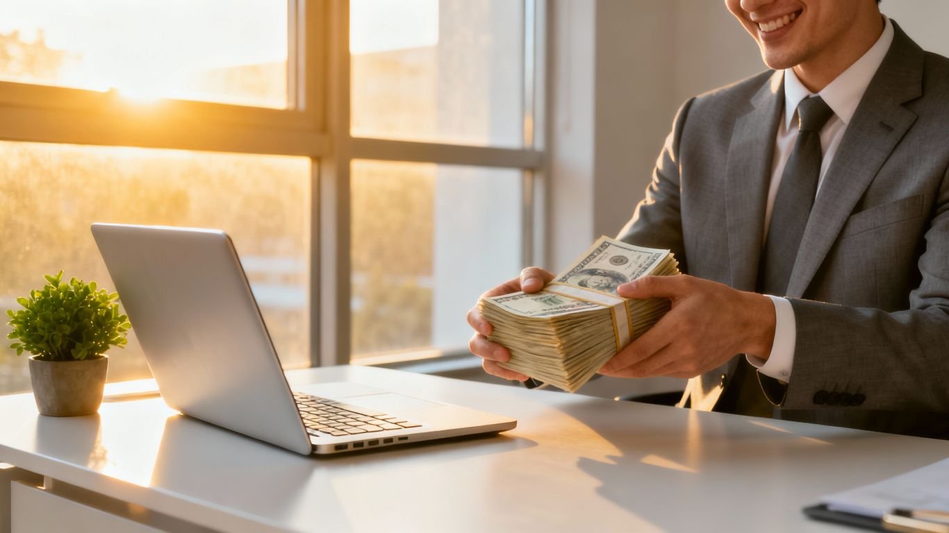 Pessoa feliz com dinheiro em escritório moderno.