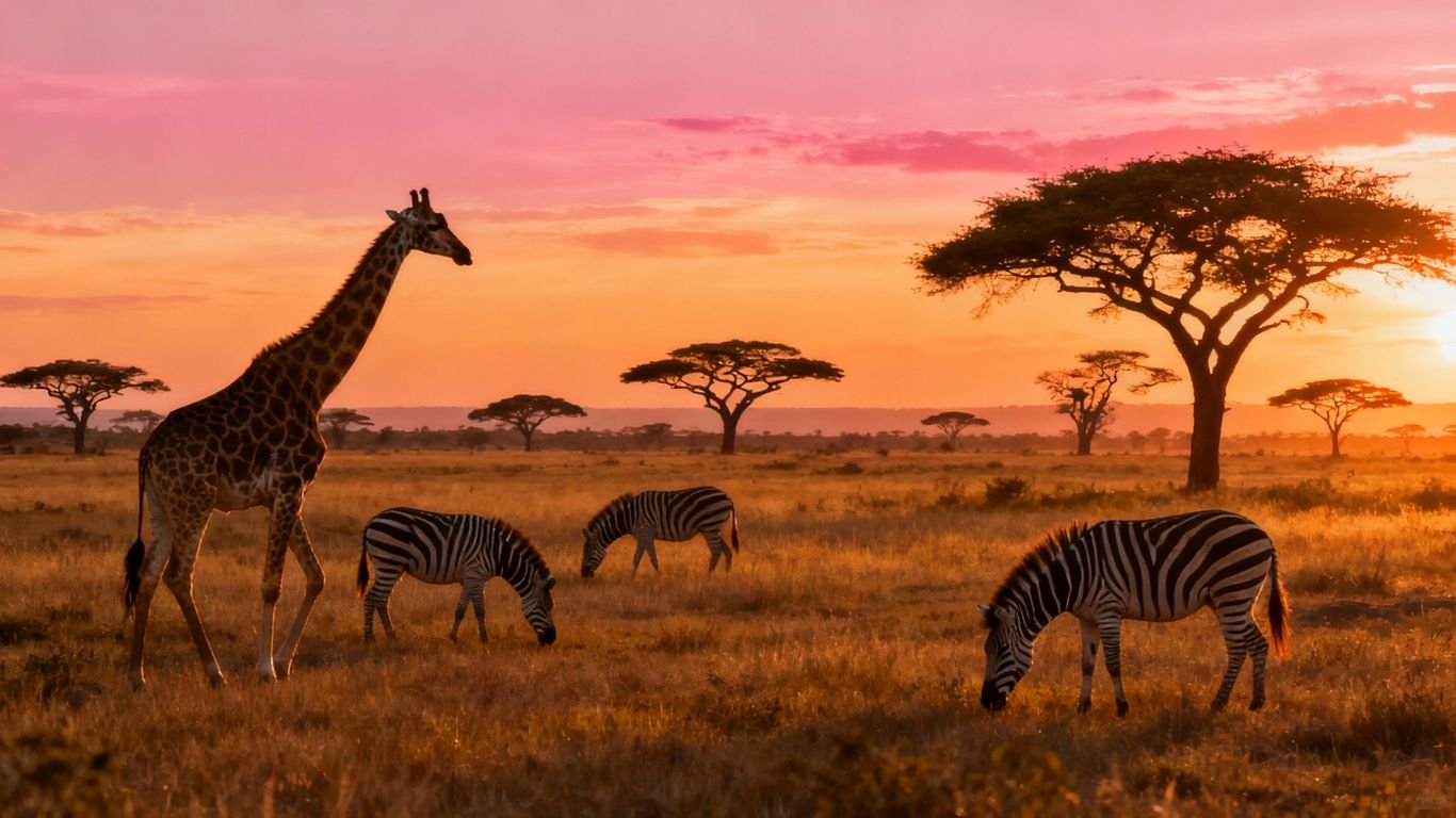 Savana queniana com girafas, zebras e pôr do sol.