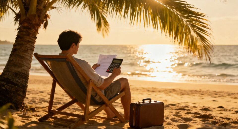Pessoa relaxando na praia com calculadora e documento.