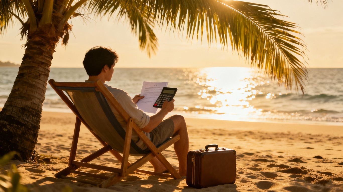 Pessoa relaxando na praia com calculadora e documento.