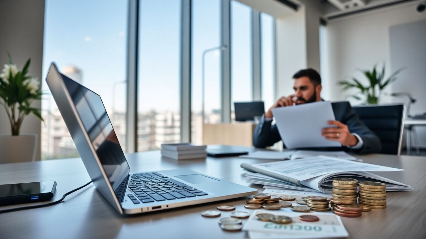 Empresário analisando documentos financeiros no escritório moderno