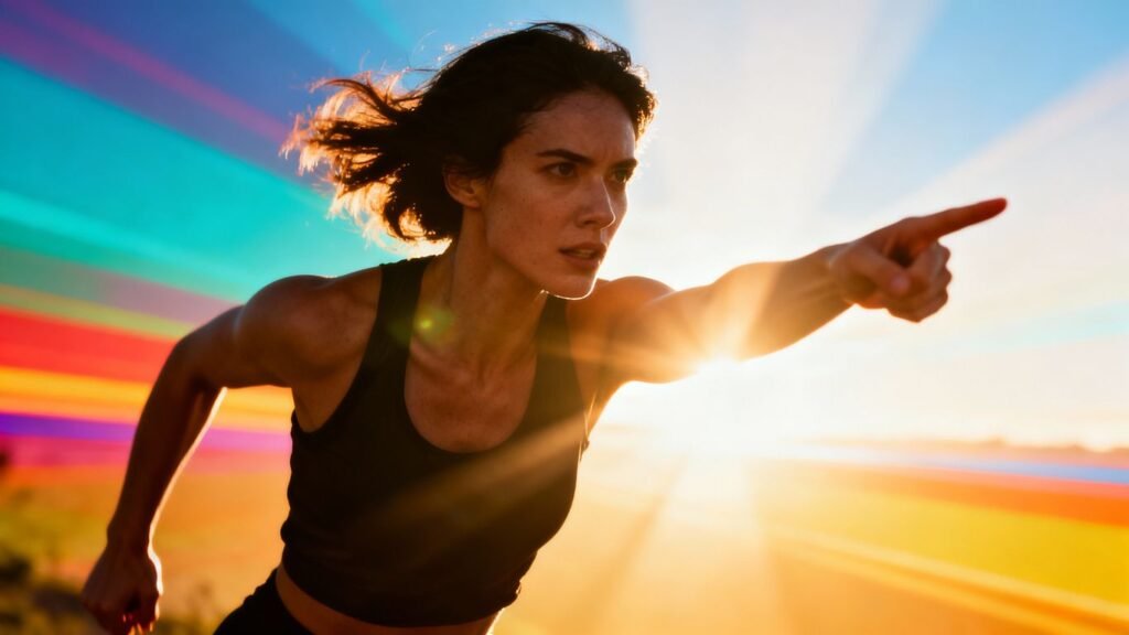 Mulher aponta para o futuro com energia.