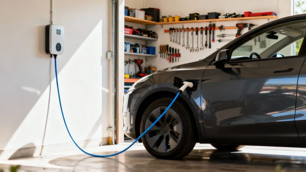 Carro híbrido plug-in a carregar em garagem moderna.