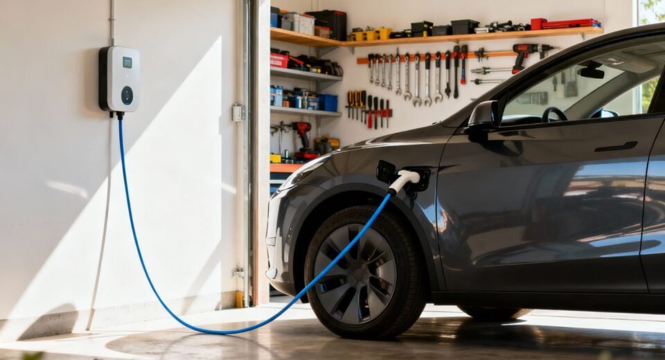 Carro híbrido plug-in a carregar em garagem moderna.