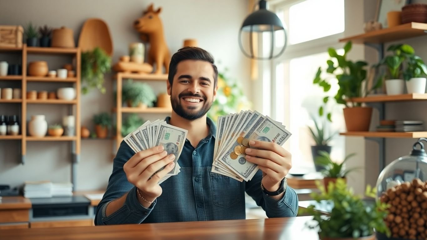 Dono de pequena empresa feliz segurando dinheiro no balcão