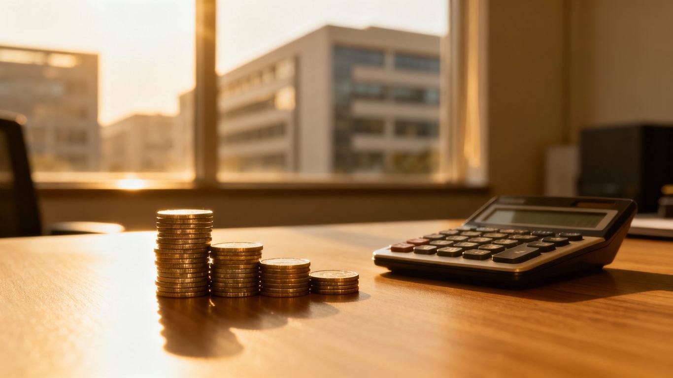 Moedas e calculadora em mesa de escritório.