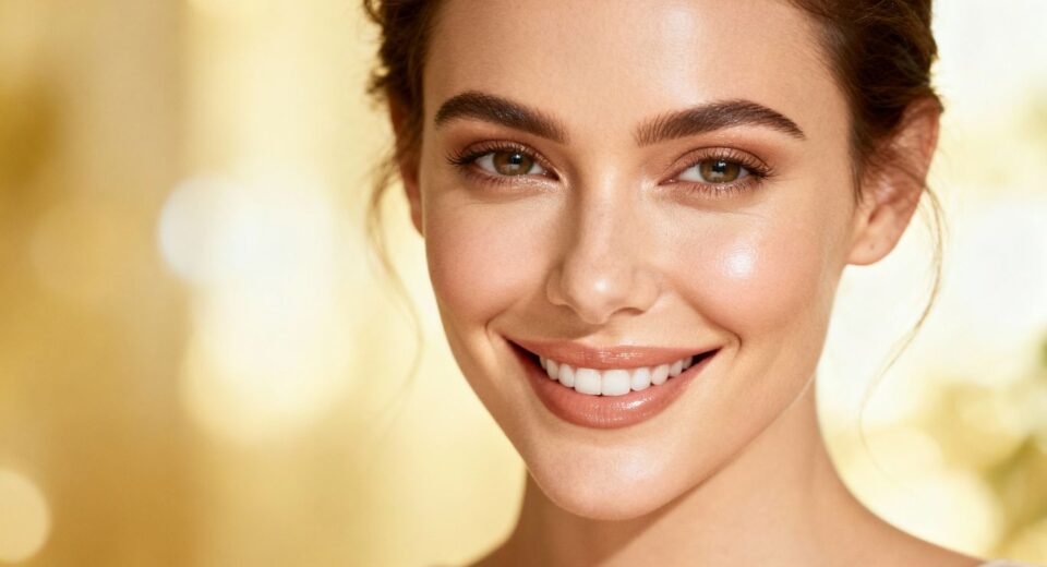 Modelo [Angelina Kendall] com pele radiante e maquiagem natural.