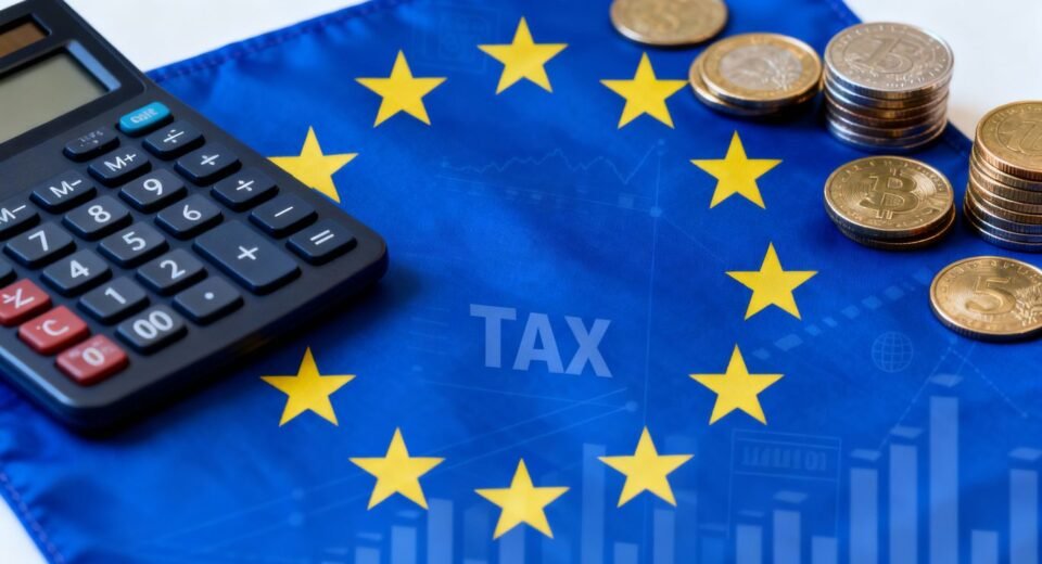 Bandeira da União Europeia com ícones de impostos e finanças.