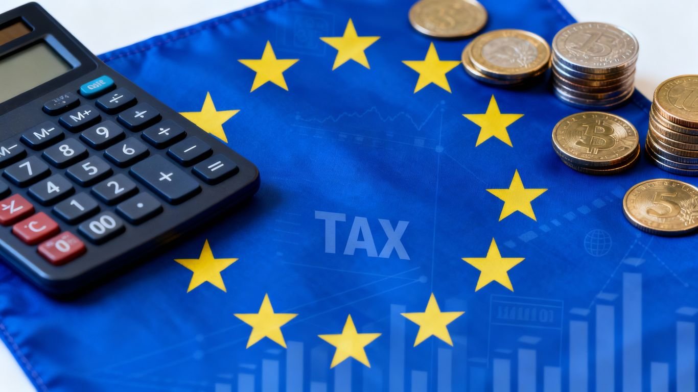 Bandeira da União Europeia com ícones de impostos e finanças.