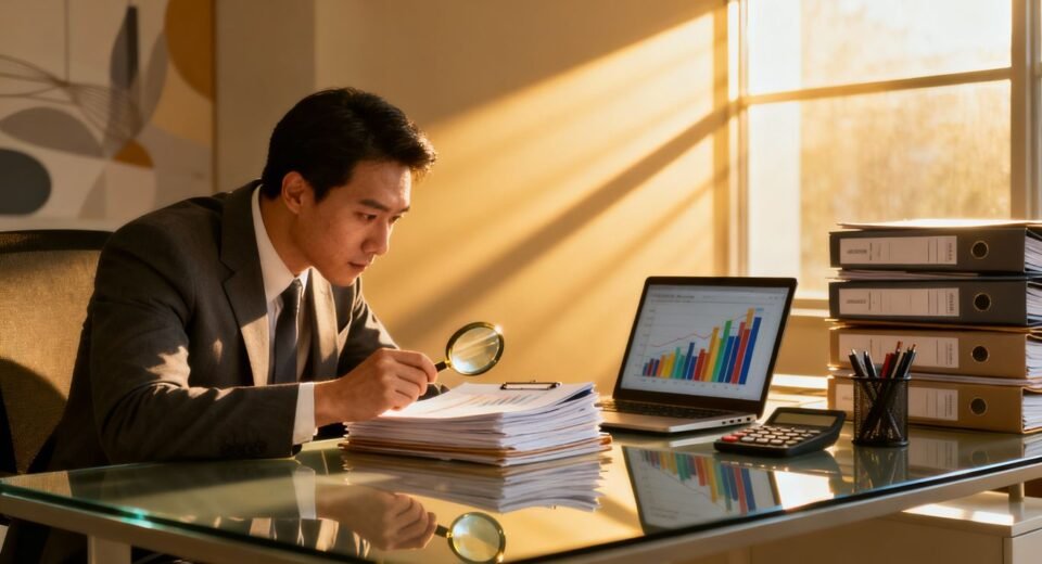 Contabilidade organizada com documentos e laptop.