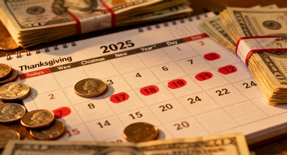 Calendário 2025 com dinheiro para subsídio de férias.