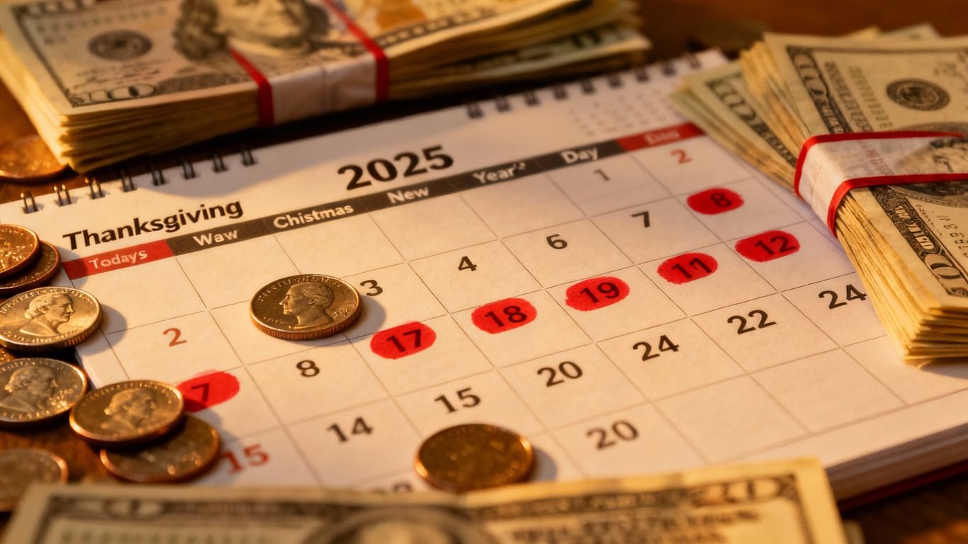 Calendário 2025 com dinheiro para subsídio de férias.