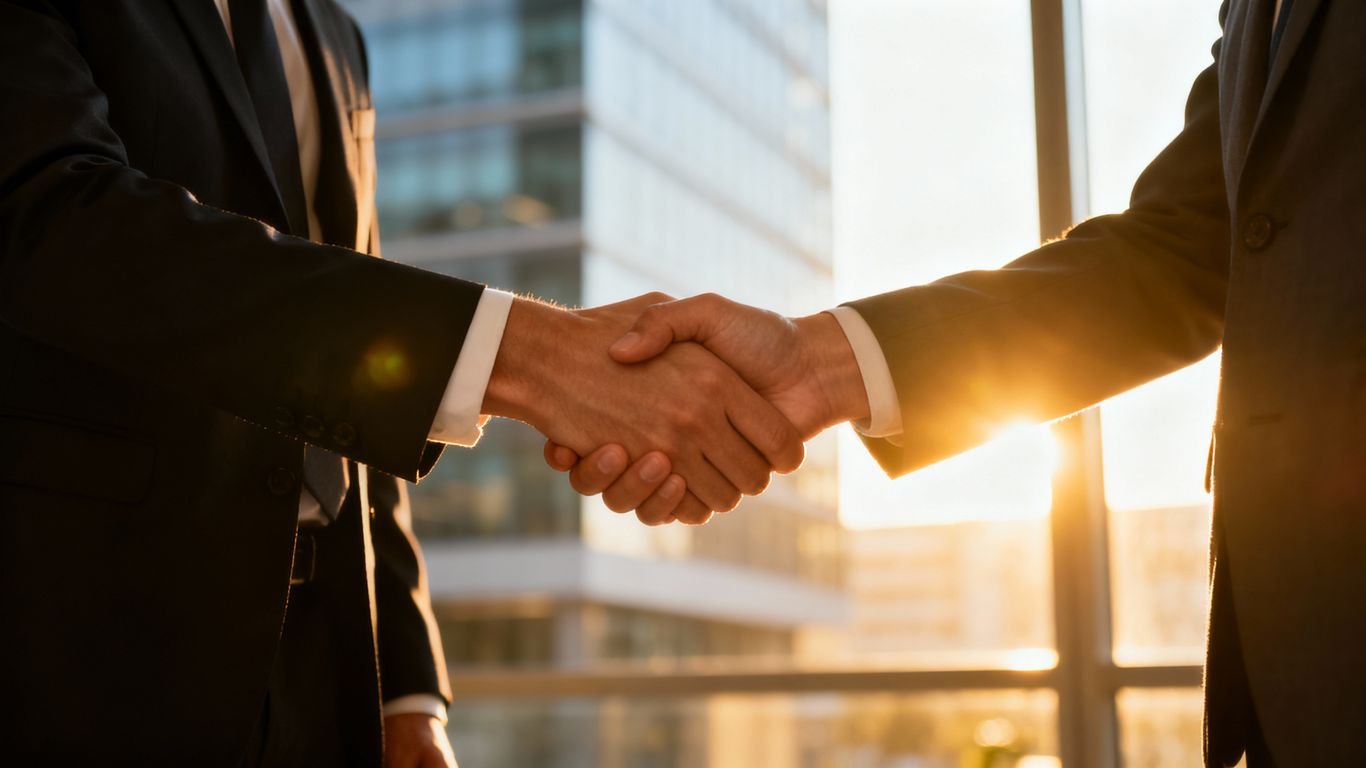 Mãos apertando em acordo de contrato de trabalho.