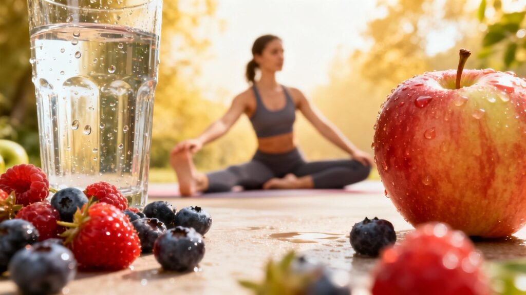 Frutas frescas, água e pessoa se exercitando para controle do açúcar.