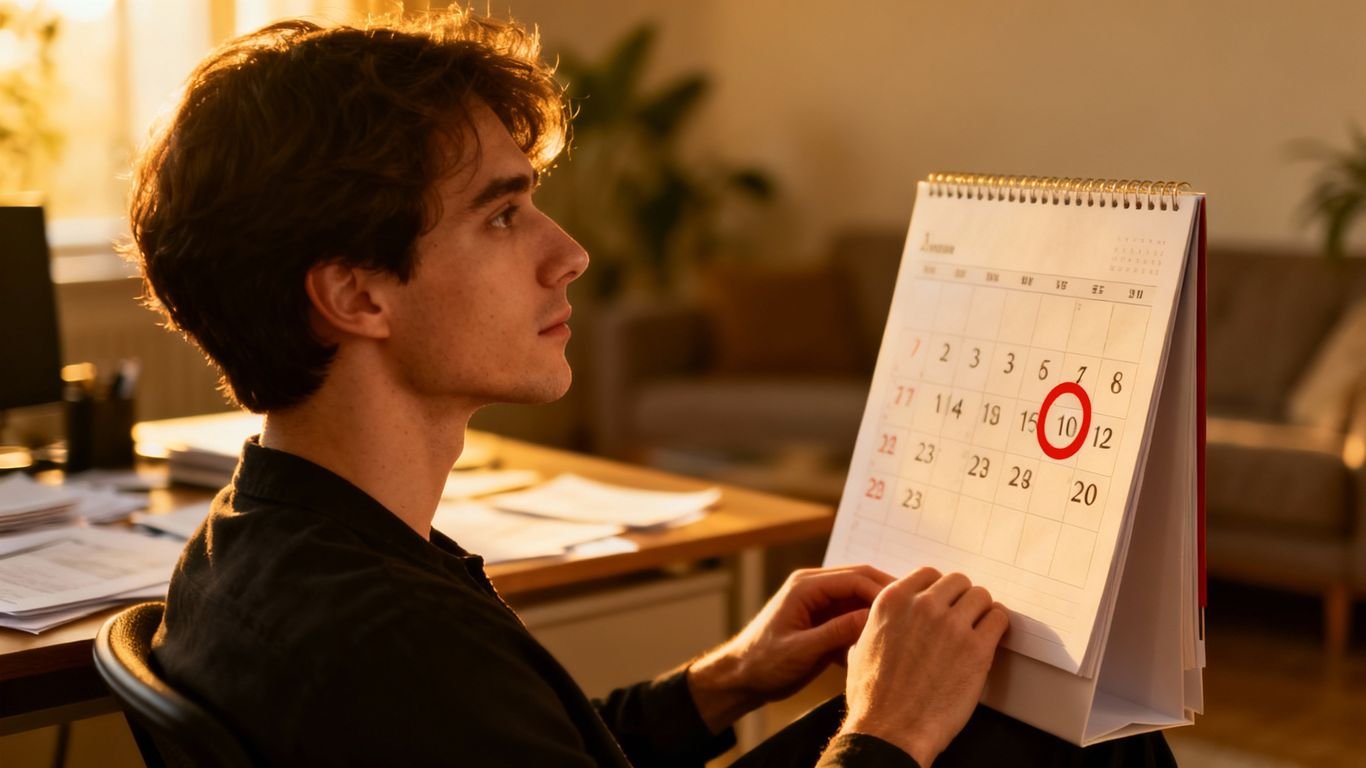 Pessoa pensando em um calendário com data marcada.