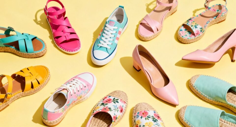 Calçado da moda primavera/verão em cores vibrantes.