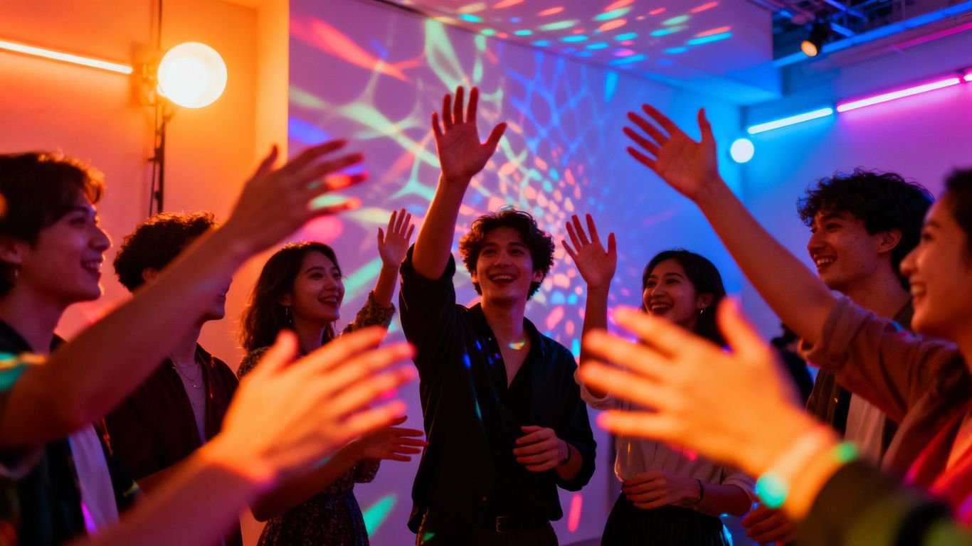 Pessoas interagindo em um evento vibrante e colorido.