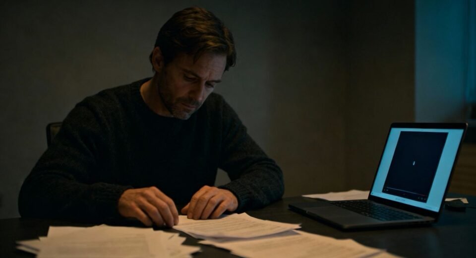 LeBlanc pensativo em sala escura com papéis espalhados.