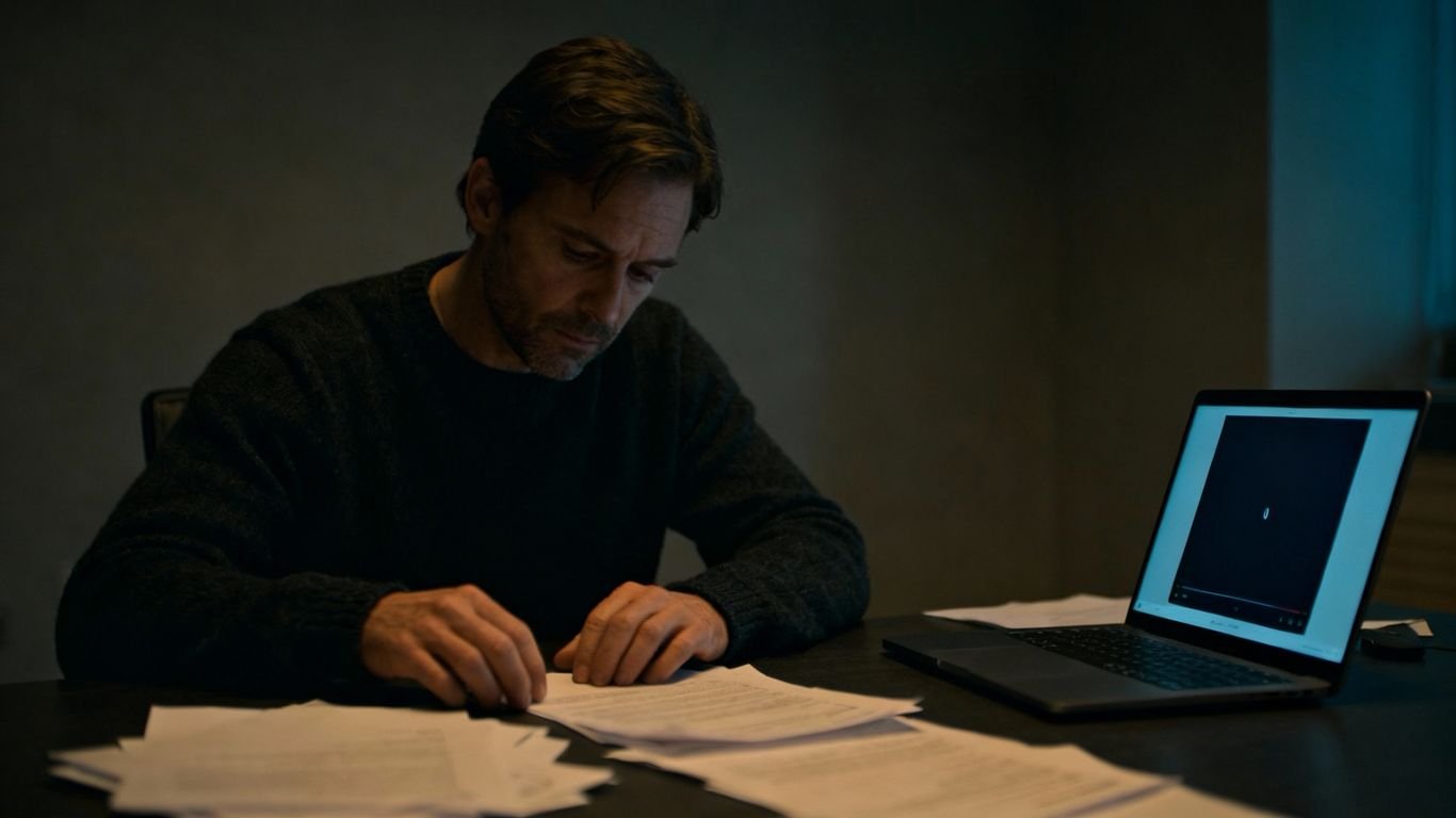LeBlanc pensativo em sala escura com papéis espalhados.