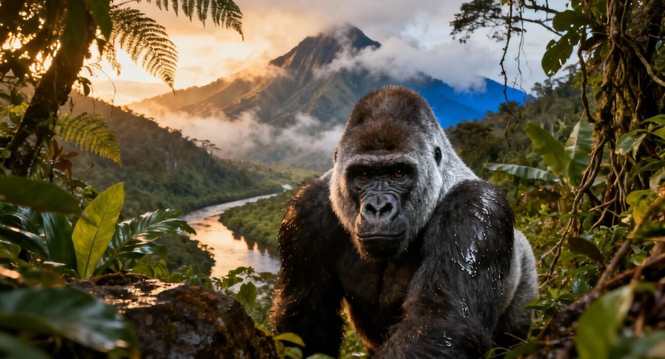 Gorila na selva ugandesa com montanhas ao fundo.