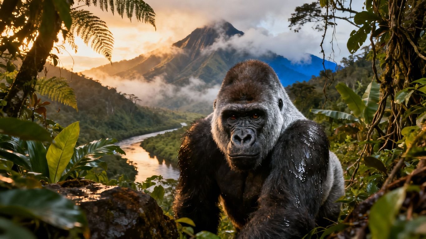 Gorila na selva ugandesa com montanhas ao fundo.
