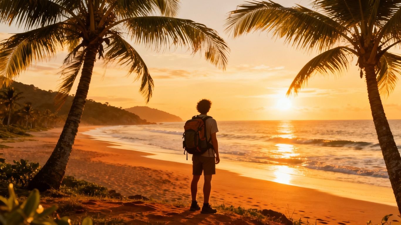 Pessoa na praia brasileira ao pôr do sol com mochila.