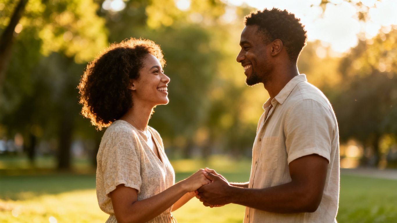 Casal sorrindo de mãos dadas em um parque.