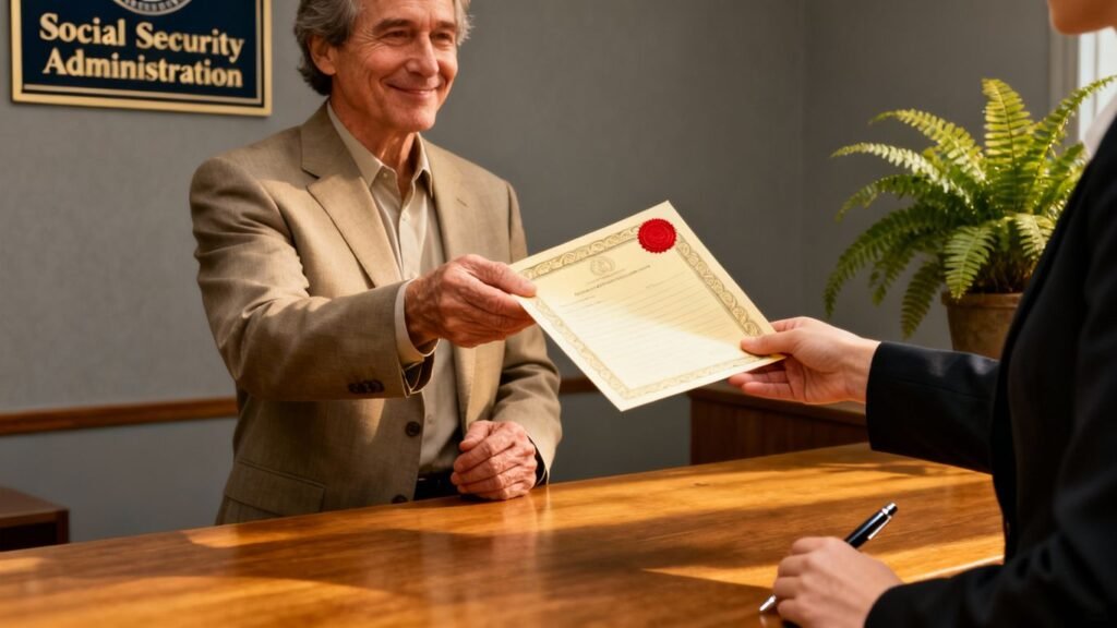 Pessoa recebendo documento de benefício financeiro.